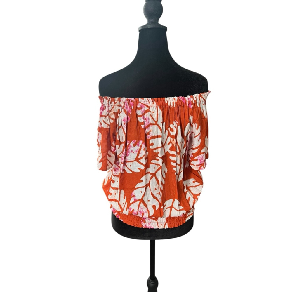 Nicole Miller Orange & White Leaf Print Off-Shoulder Blouse S - Picture 4 of 8